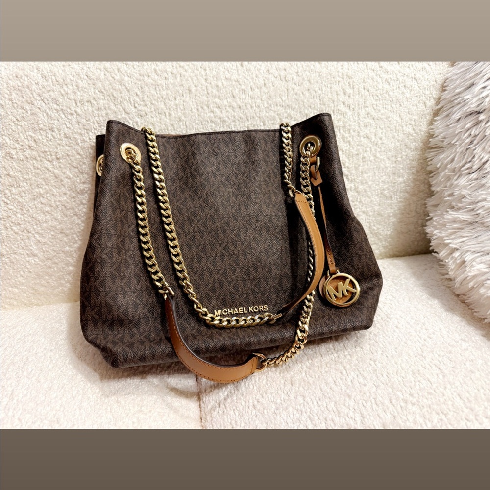 Michael Kors Dark Brown Logo Shoulder Tote with Gold Chain